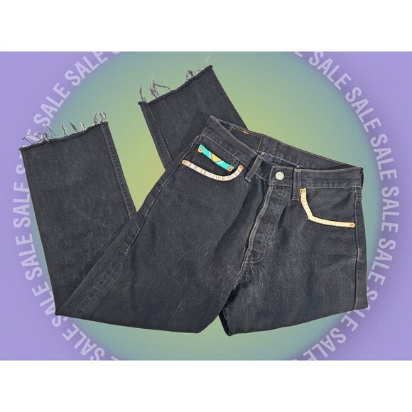 DMS Women's 27x32 Vintage Levi's 501 Black Painted Embellished Black Jeans Denim - Picture 1 of 11